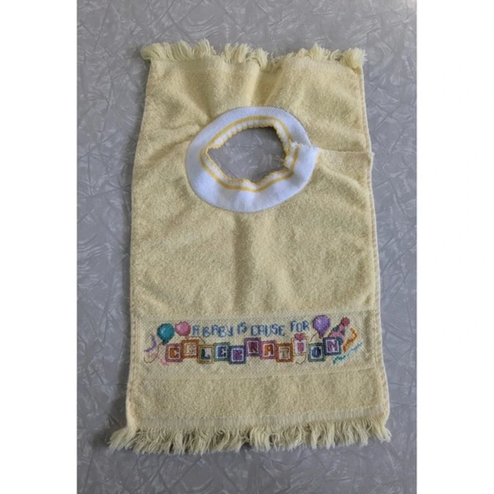 Vintage Cross Stitch Baby Bib Yellow‎ Terry Cloth